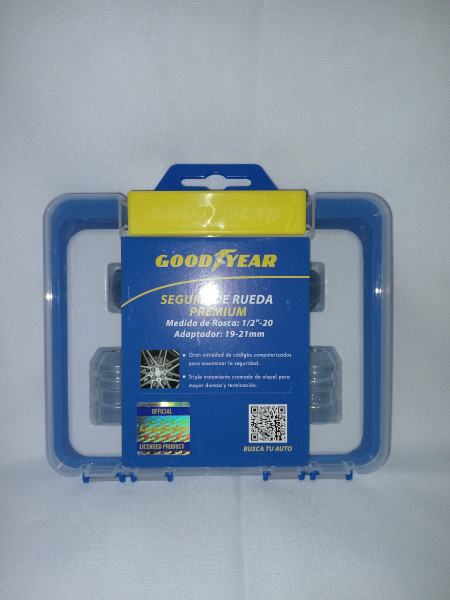 Jgo. Seguro de Rueda GOODYEAR, Cromado Frontal, 4 tuercas c/ 2 Adaptadores, Maxima Seguridad, PREMIUM