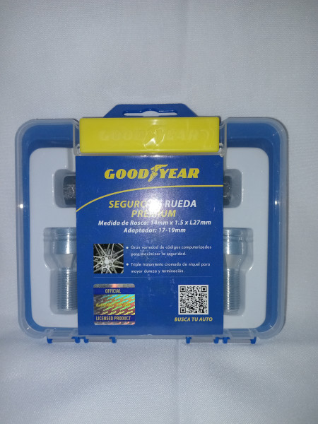 Jgo. Seguro de Rueda GOODYEAR, Cromado Frontal, 4 tuercas c/ 2 Adaptadores, Maxima Seguridad, PREMIUM