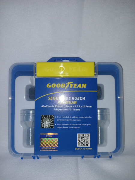 Jgo. Seguro de Rueda GOODYEAR, Cromado Frontal, 4 tuercas c/ 2 Adaptadores, Maxima Seguridad, PREMIUM