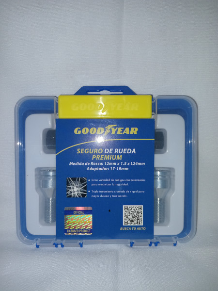 Jgo. Seguro de Rueda GOODYEAR, Cromado Frontal, 4 tuercas c/ 2 Adaptadores, Maxima Seguridad, PREMIUM