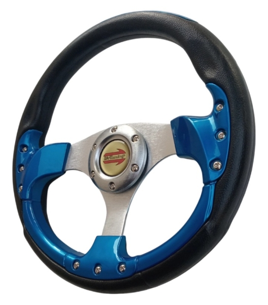 Volante deportivo inyectado, 350mm, centro y rayos cromados, combinado azul laqueado